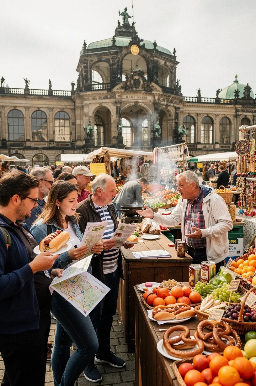 Panoramablick auf eine belebte Altstadtstraße mit historischen Gebäuden und Cafés.