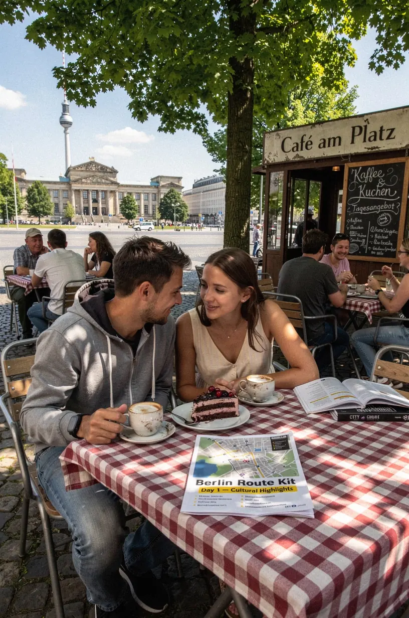 Karte mit eingezeichneten Fußwegen und Symbolen für kulturelle Highlights in einer deutschen Stadt.